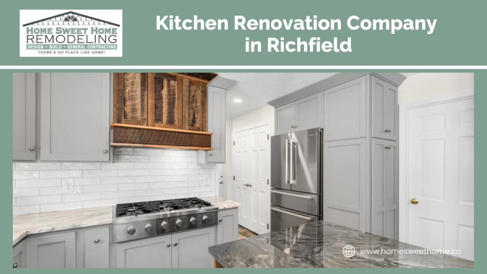 Kitchen remodeling company in Richfield showcasing luxury cabinets, stainless steel fridge, and open layout design
