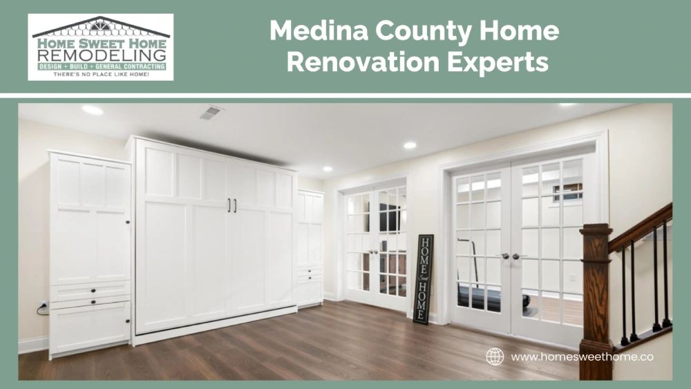 Bright renovated room with white built-in cabinets and glass French doors in Medina County