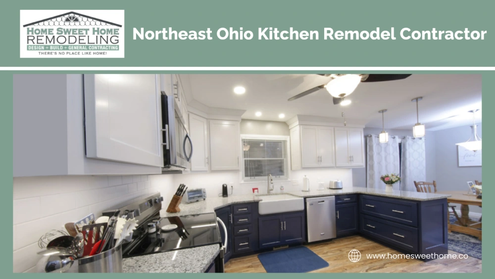Modern kitchen remodel with white upper and navy lower cabinets in Northeast Ohio